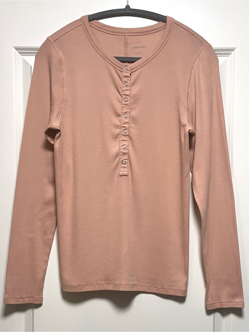 EUC Everlane Luxe Rib Henley Snap Front Long Sleeve Supima Cotton Blush Pink XL